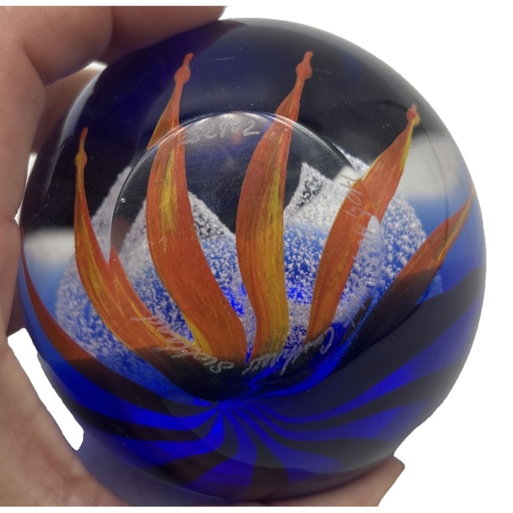 Caithness Scotland Glass Paperweight Hot Hot Hot Hearts Reflection Blue Orange